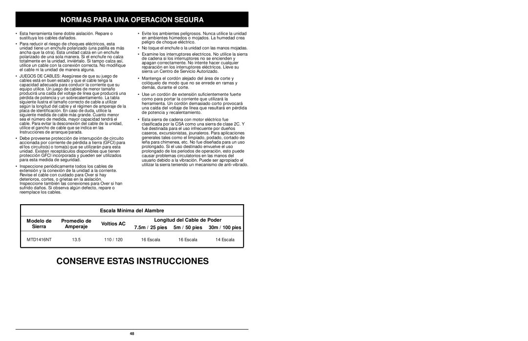 MTD 1416NT manual Conserve Estas Instrucciones 