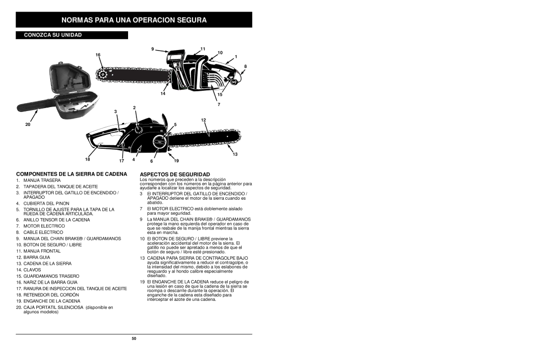 MTD 1416NT manual Componentes DE LA Sierra DE Cadena, Aspectos DE Seguridad 