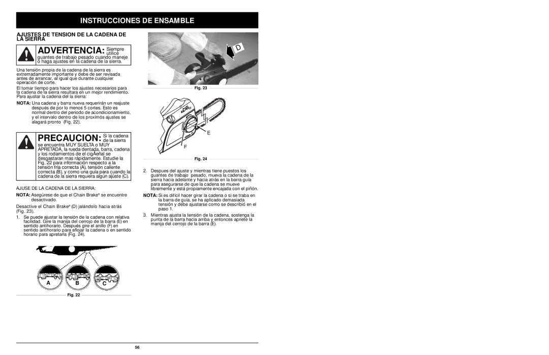 MTD 1416NT Precaucion Si la cadena, Instrucciones DE Ensamble, Ajustes DE Tension DE LA Cadena DE LA Sierra, De la sierra 