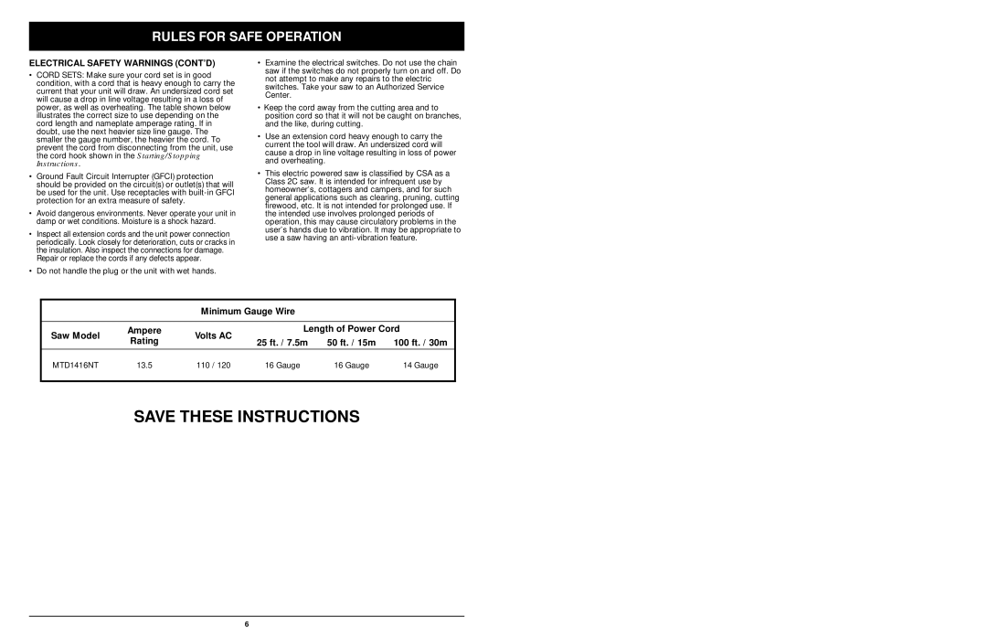 MTD 1416NT manual Electrical Safety Warnings CONT’D 