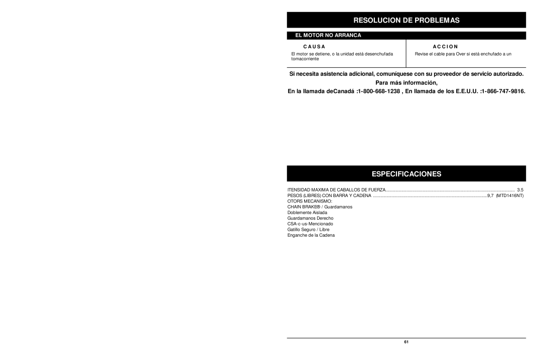 MTD 1416NT manual Resolucion DE Problemas, Especificaciones, U S a, C I O N 