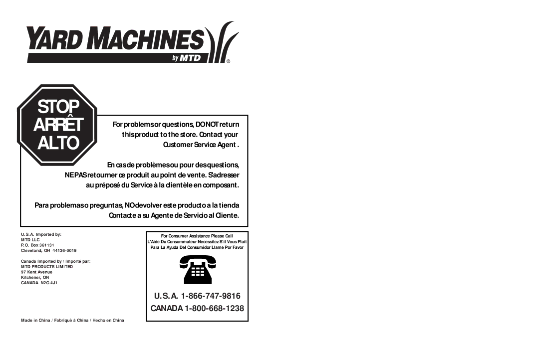 MTD 1416NT manual Stop 