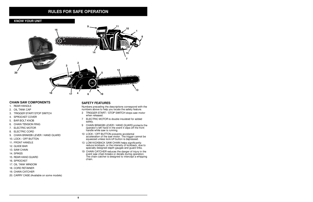 MTD 1416NT manual Chain SAW Components, Safety Features 