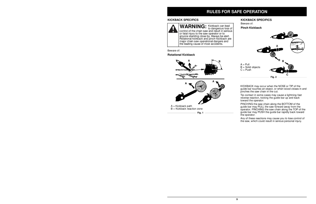 MTD 1416NT manual Kickback Specifics, Rotational Kickback, Pinch Kickback 