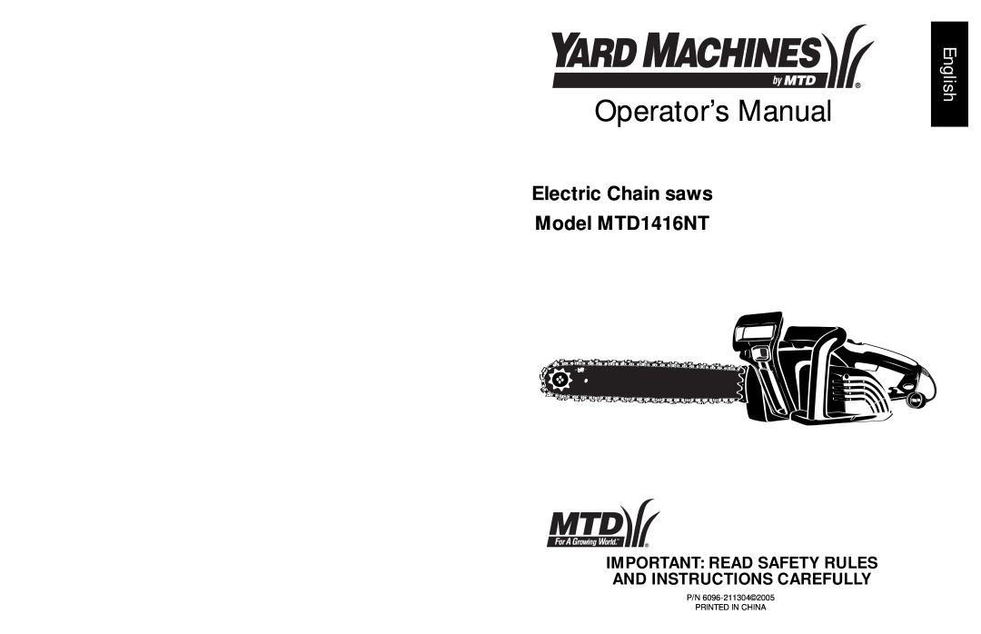 MTD manual Operator’s Manual, Electric Chain saws Model MTD1416NT, English 