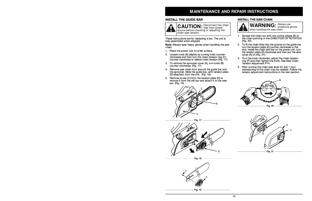 MTD 1416NT manual Maintenance And Repair Instructions, Install The Guide Bar, Install The Saw Chain 