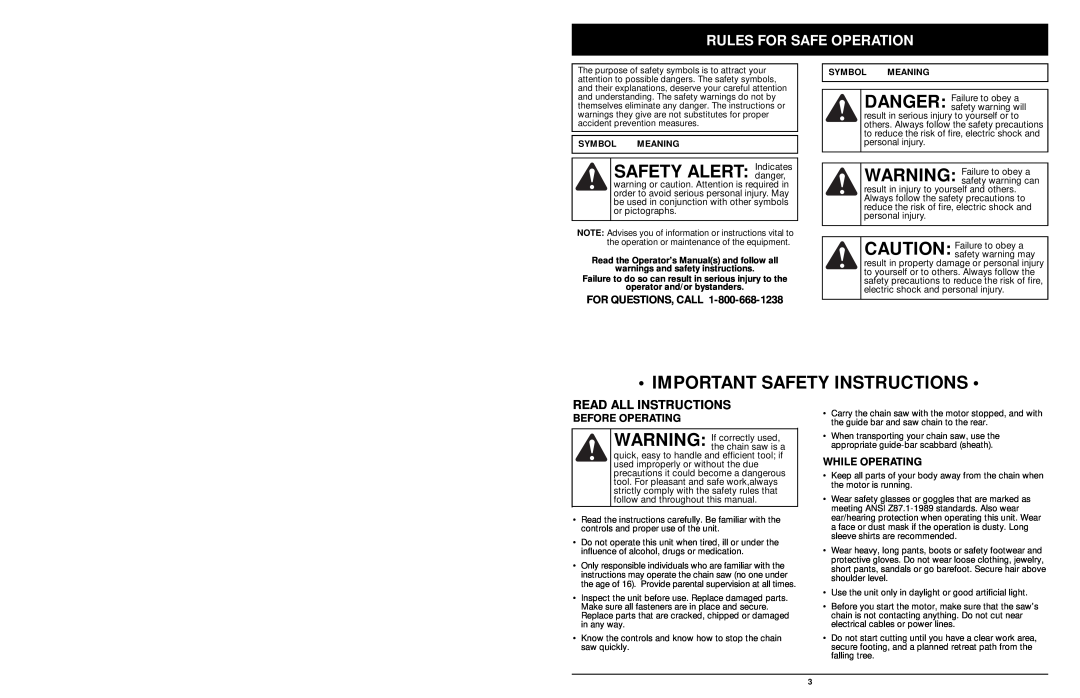 MTD 1416NT manual Important Safety Instructions, Rules For Safe Operation, Read All Instructions, For Questions, Call 