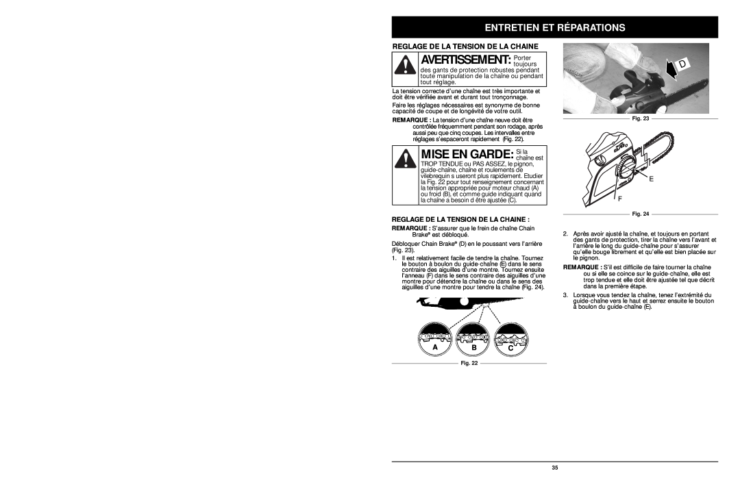 MTD 1416NT manual AVERTISSEMENT Portoujourster, Reglage De La Tension De La Chaine, Entretien Et Réparations, A B C 