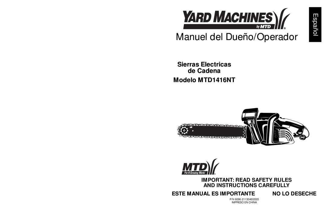 MTD manual Manuel del Dueño/Operador, Sierras Electricas de Cadena Modelo MTD1416NT, Español, Este Manual Es Importante 