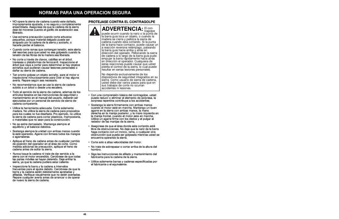 MTD 1416NT manual ADVERTENCIA El con, Protejase Contra El Contragolpe, Normas Para Una Operacion Segura 