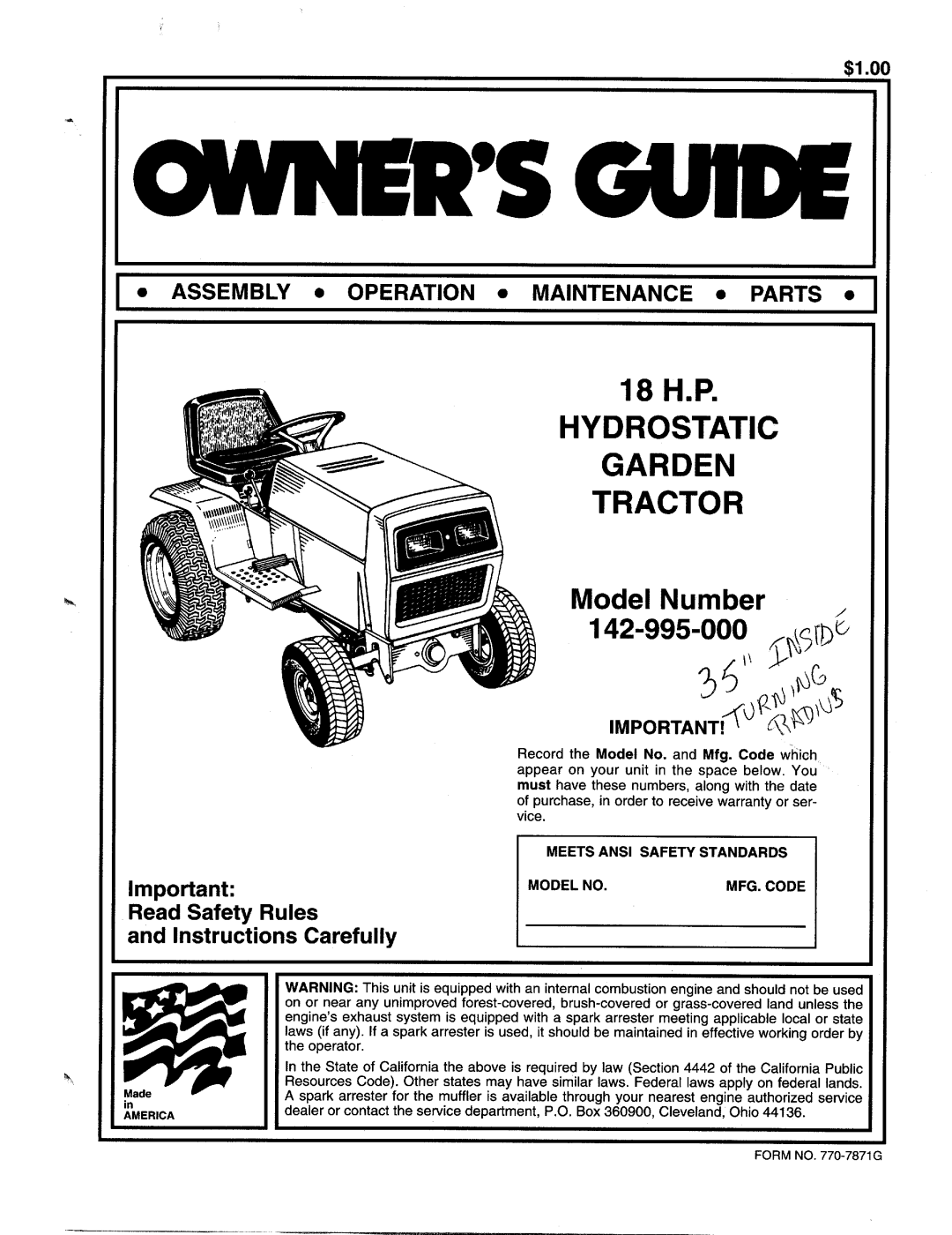 MTD 142-995-000 manual 