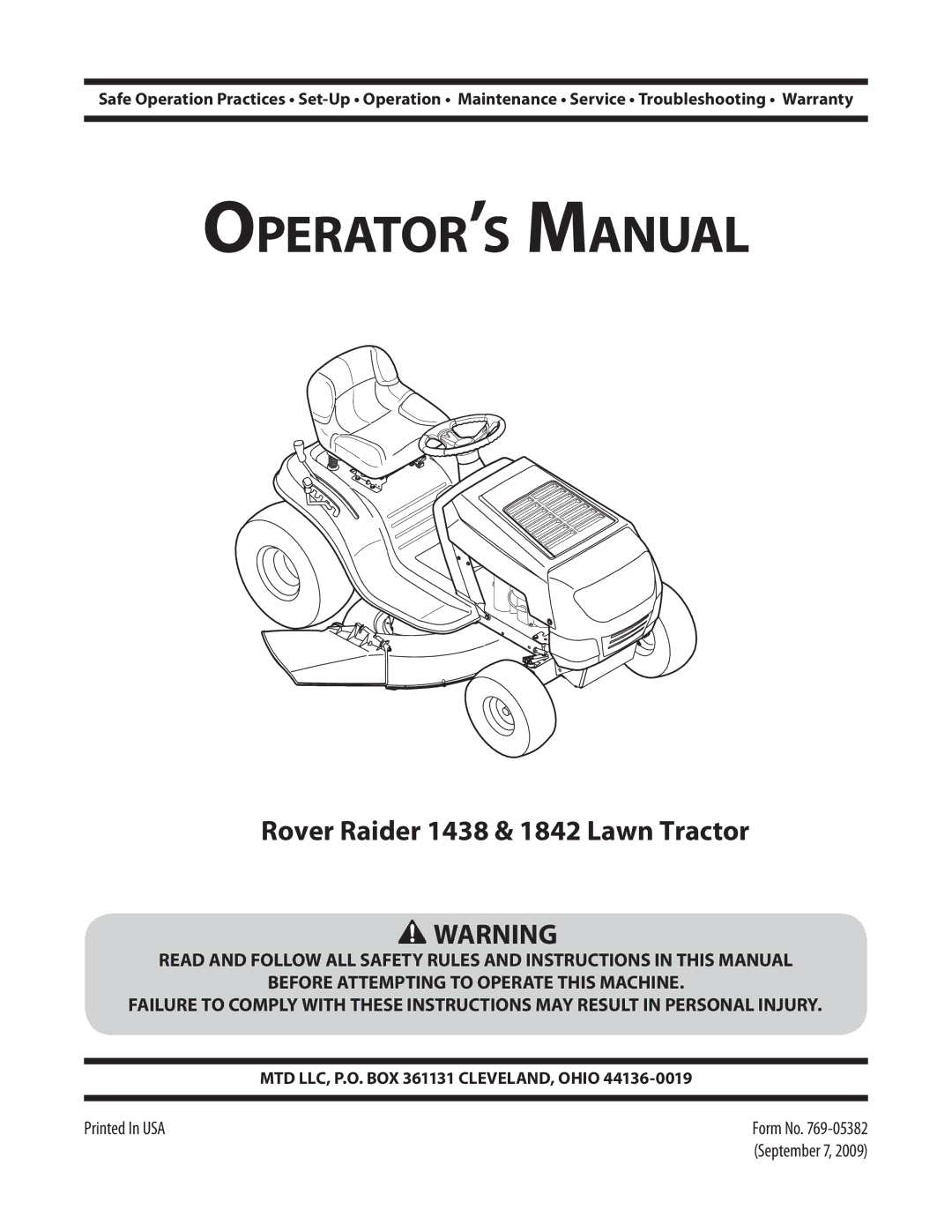 MTD 1842, 1438 warranty Operator’s Manual 