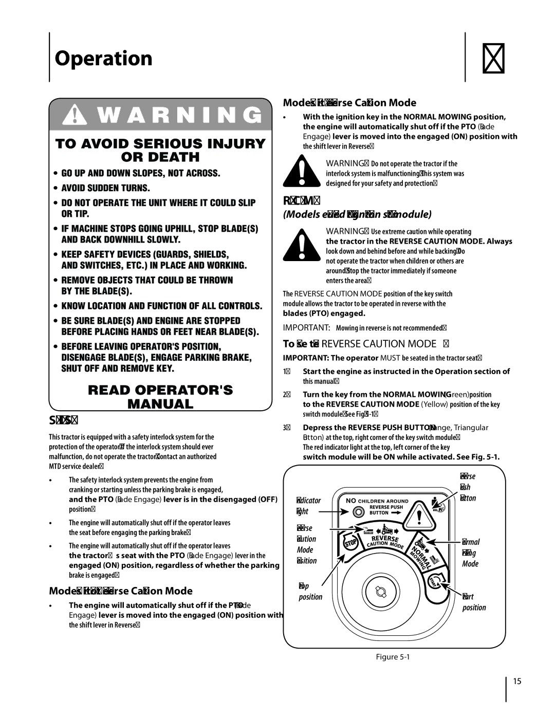 MTD 1842, 1438 warranty Operation, Safety Interlock Switches, Reverse Caution Mode 