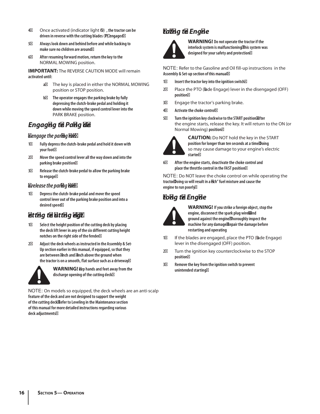 MTD 1438, 1842 warranty Engaging the Parking Brake, Setting the Cutting Height, Starting the Engine, Stopping the Engine 