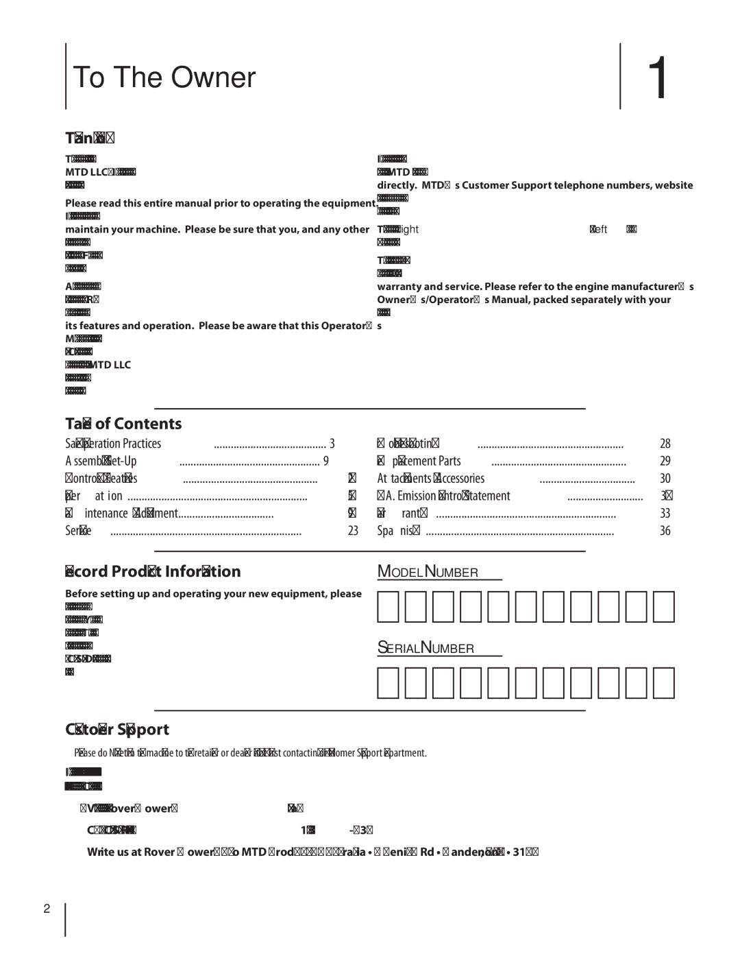 MTD 1438, 1842 warranty To The Owner, Thank You, Table of Contents, Record Product Information, Customer Support 