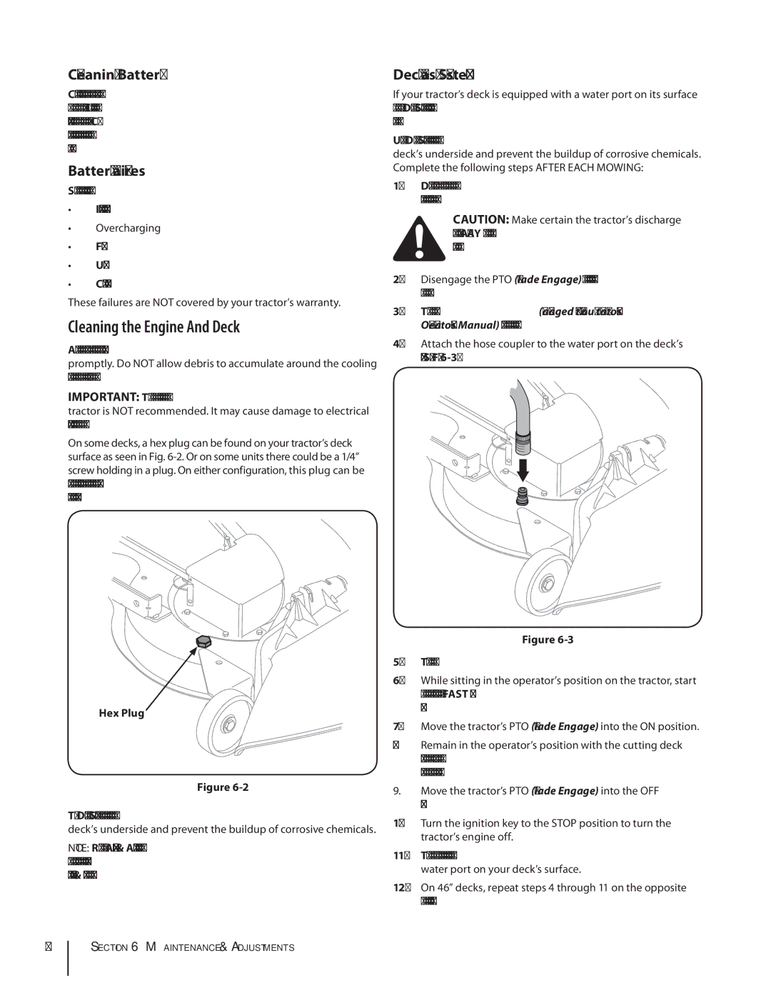 MTD 1438, 1842 warranty Cleaning the Engine And Deck, Cleaning Battery, Battery Failures, Deck Wash System 