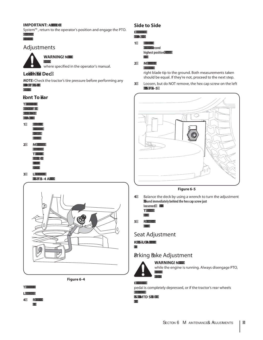 MTD 1842, 1438 Adjustments, Seat Adjustment, Parking Brake Adjustment, Leveling the Deck Front To Rear, Side to Side 