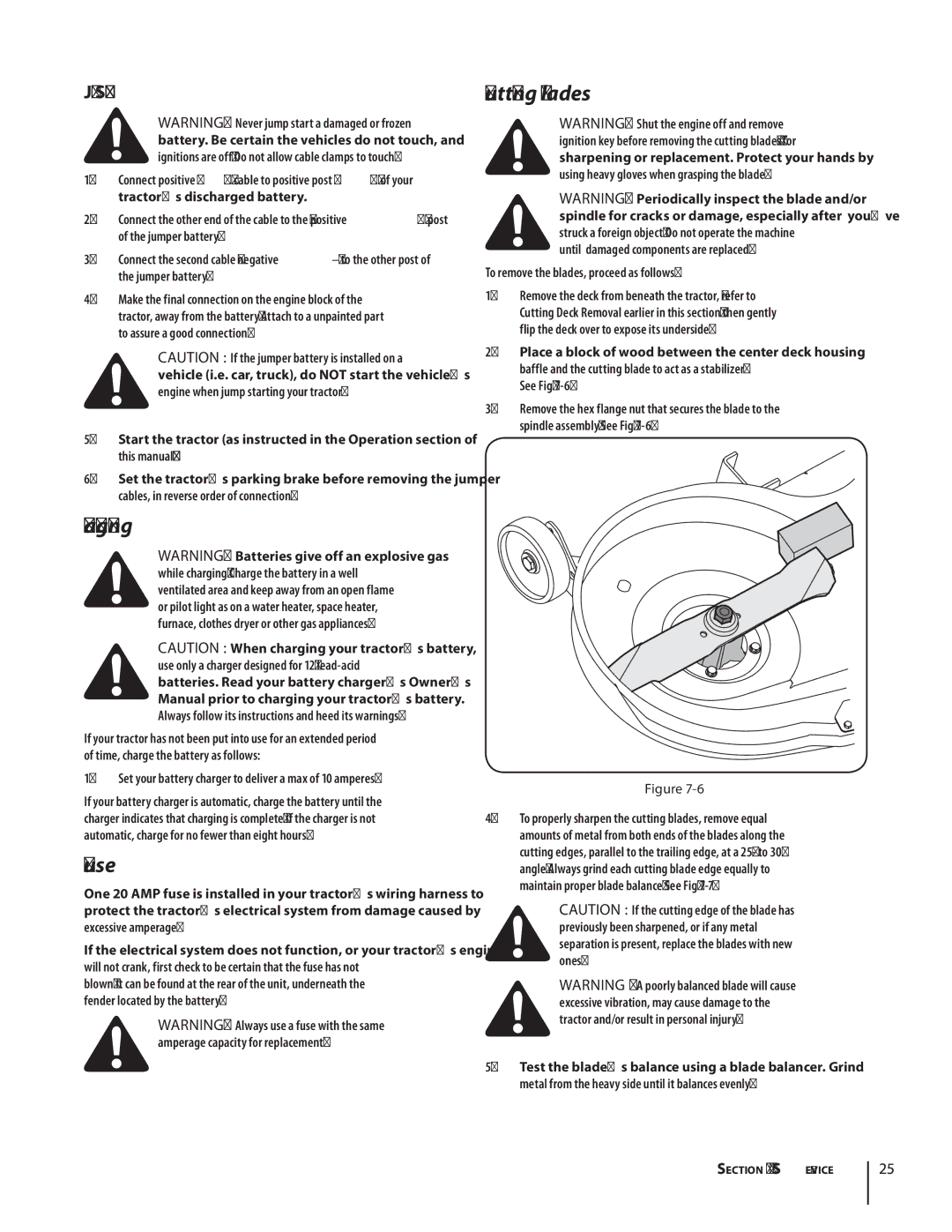 MTD 1842, 1438 warranty Charging, Fuse, Cutting Blades, Jump Starting 