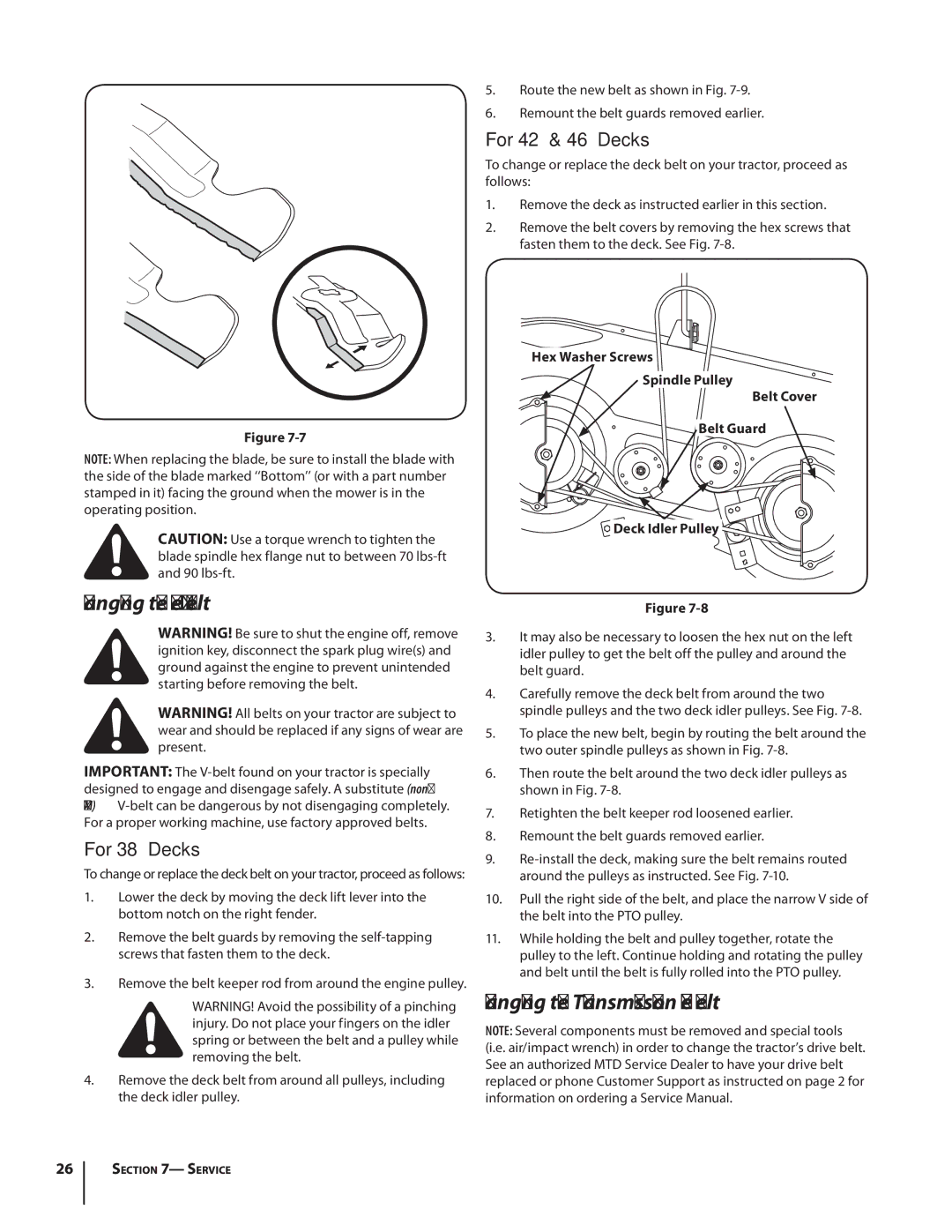 MTD 1438, 1842 warranty Changing the Deck Belt, Changing the Transmission Drive Belt, For 38 Decks, For 42 & 46 Decks 