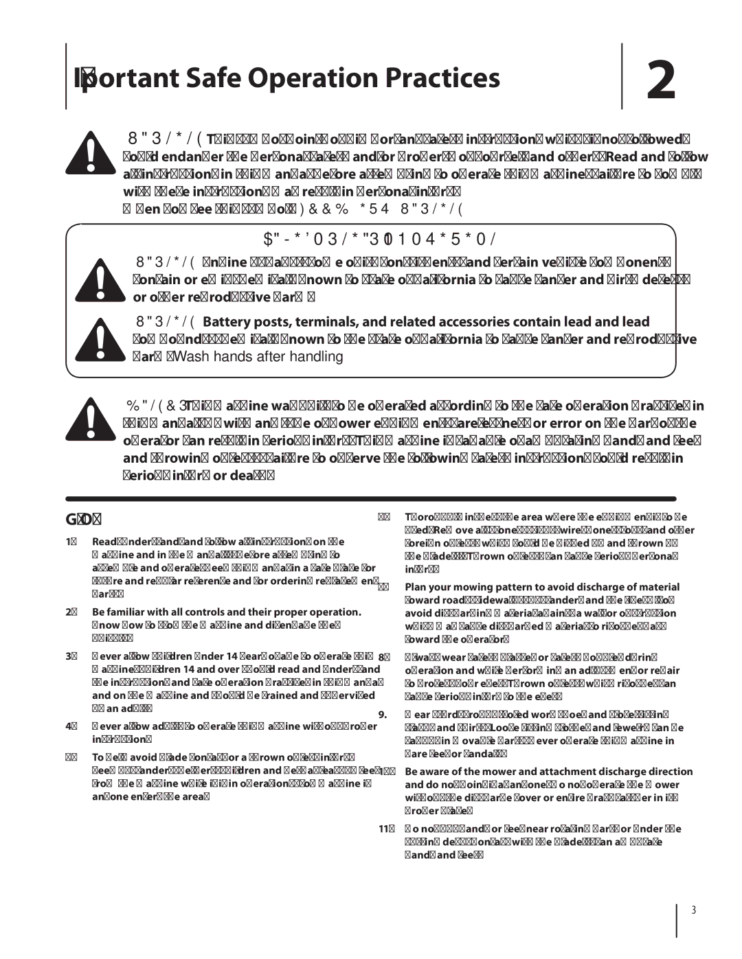 MTD 1842, 1438 warranty Important Safe Operation Practices, California Proposition General Operation 