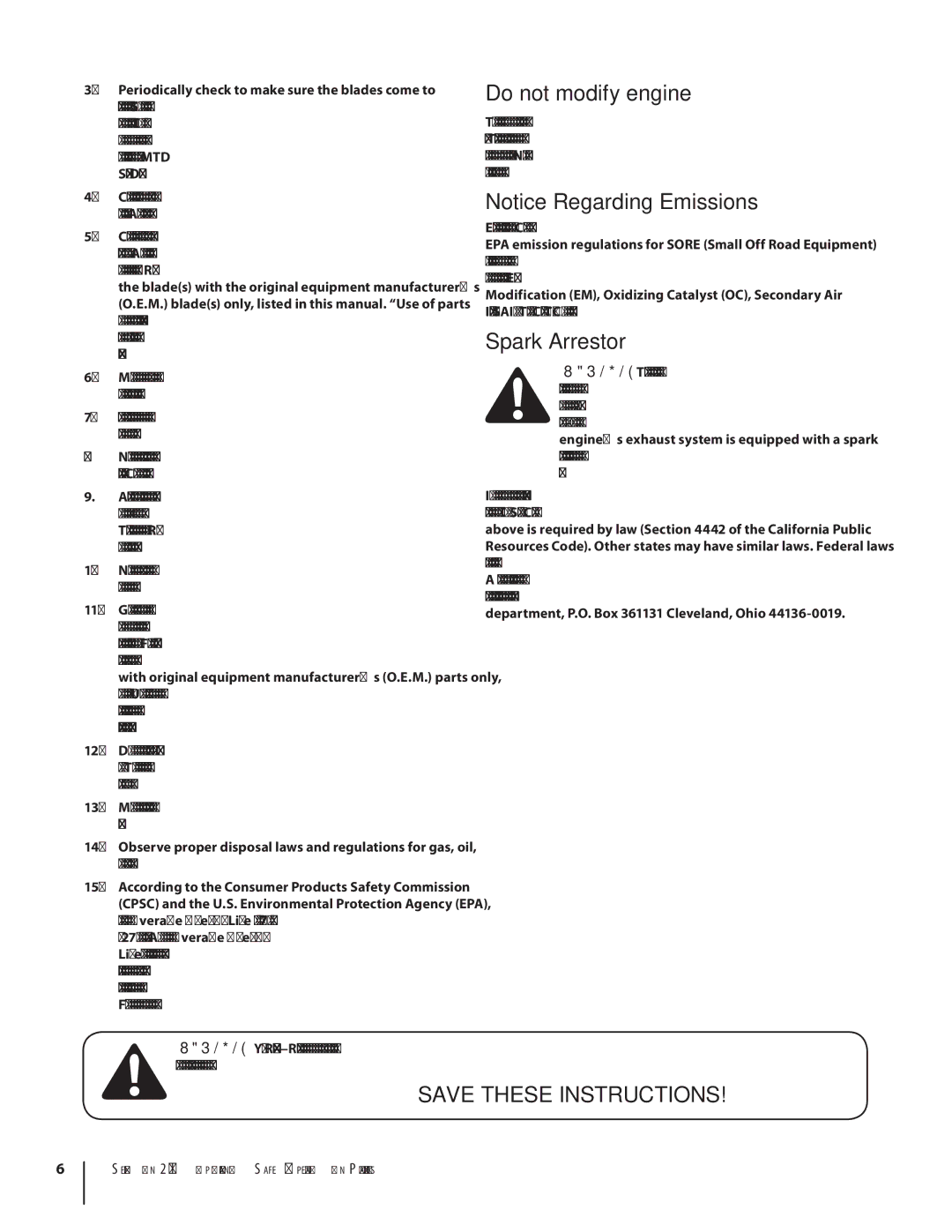 MTD 1438, 1842 warranty Do not modify engine, Spark Arrestor 