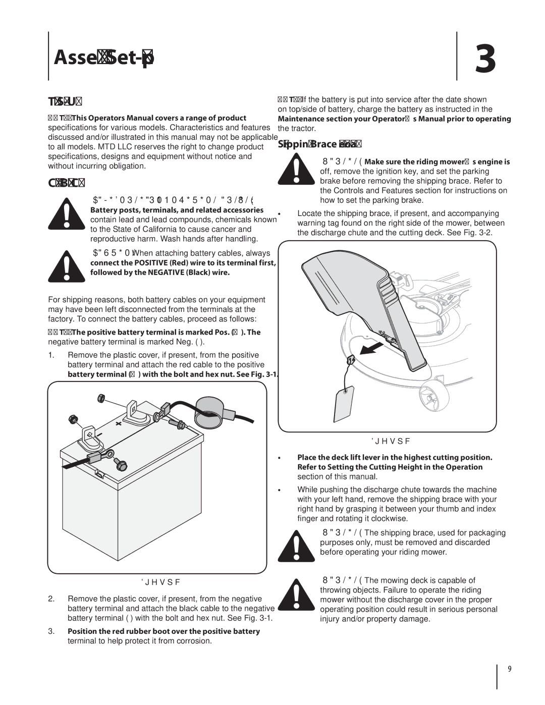 MTD 1842, 1438 warranty Assembly & Set-Up, Tractor Set-Up Connecting the Battery Cables, Shipping Brace Removal 