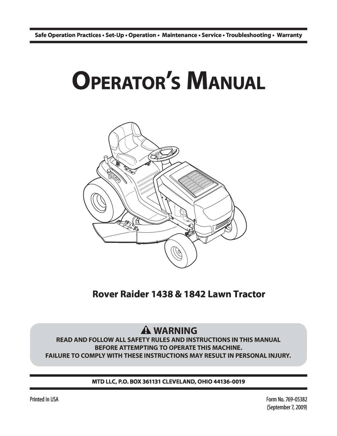 MTD 1842, 1438 warranty Read And Follow All Safety Rules And Instructions In This Manual, Operator’s Manual 