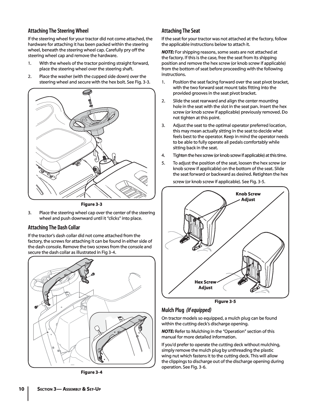 MTD 1438, 1842 warranty Attaching The Steering Wheel, Attaching The Dash Collar, Attaching The Seat, Mulch Plug if equipped 