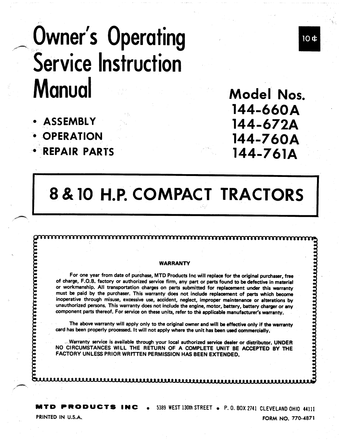 MTD 144-760A, 144-672A, 144-761A manual 