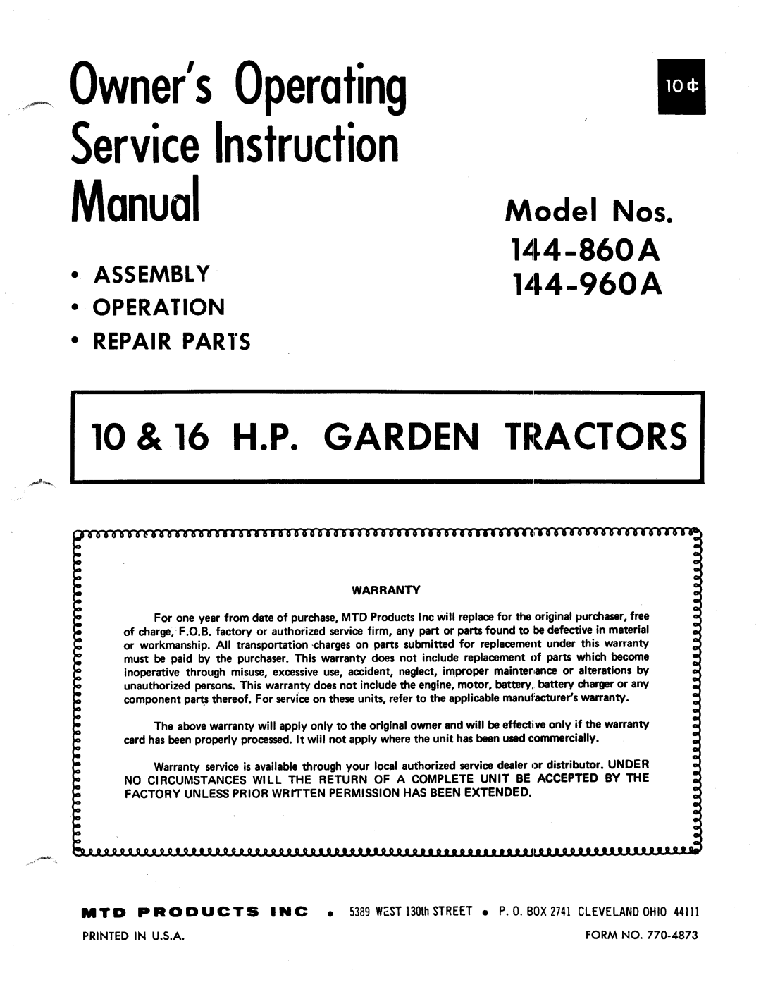 MTD 144-860A, 144-960A manual 