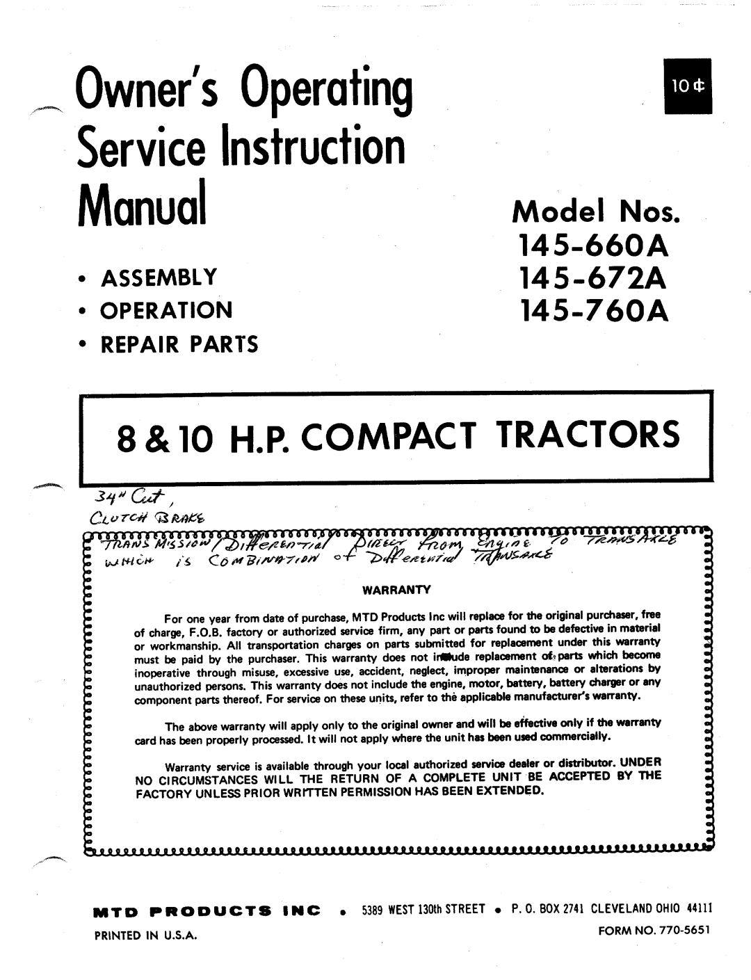 MTD 145-672A, 145-660A, 145-760A manual 