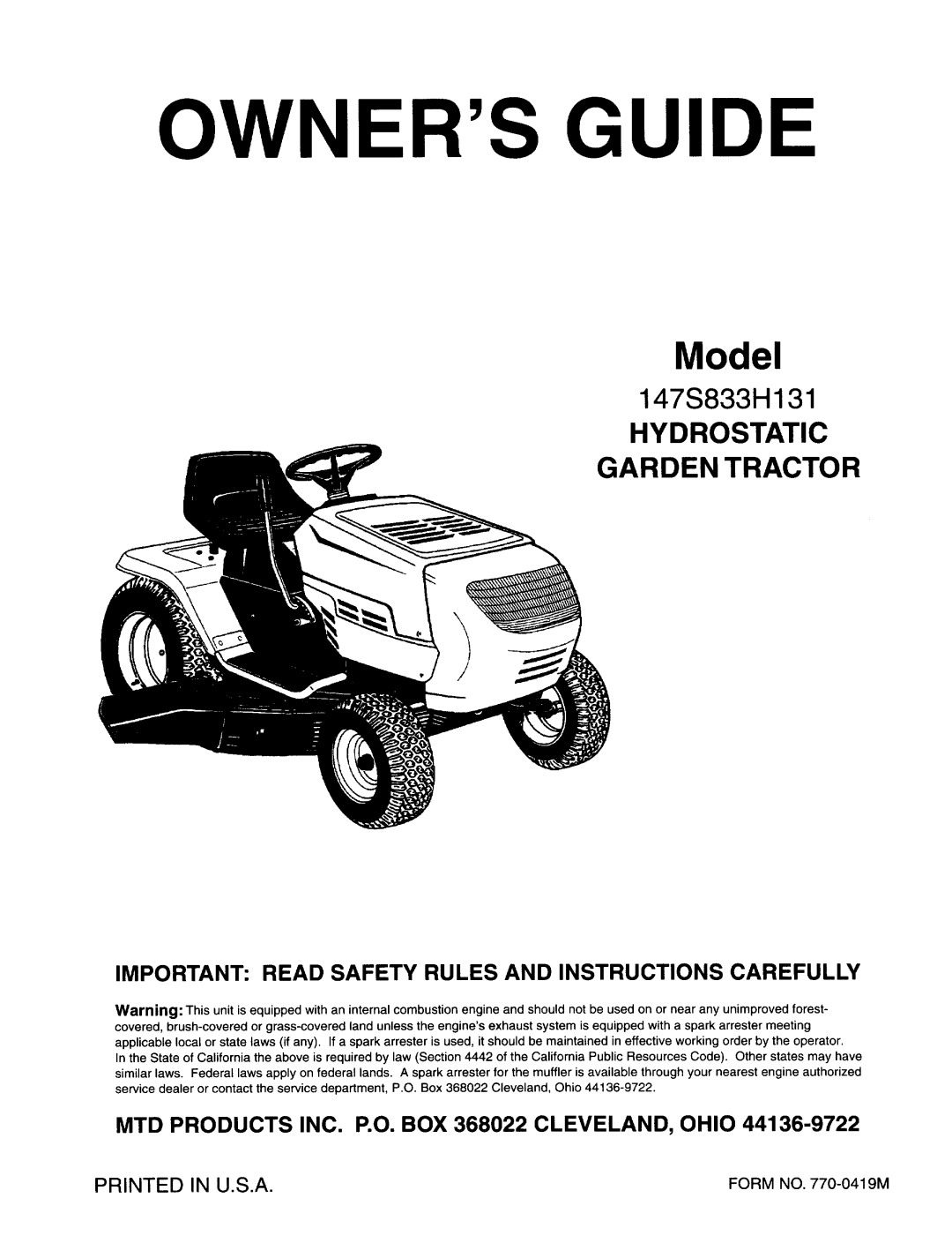 MTD 147S833H131 manual 