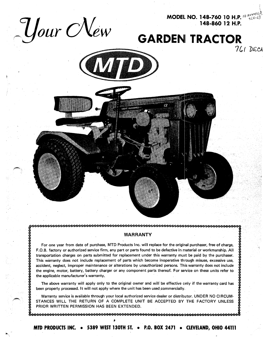 MTD 148-760 10 H.P, 148-860 10 H.P, 148-860 12 H.P manual 