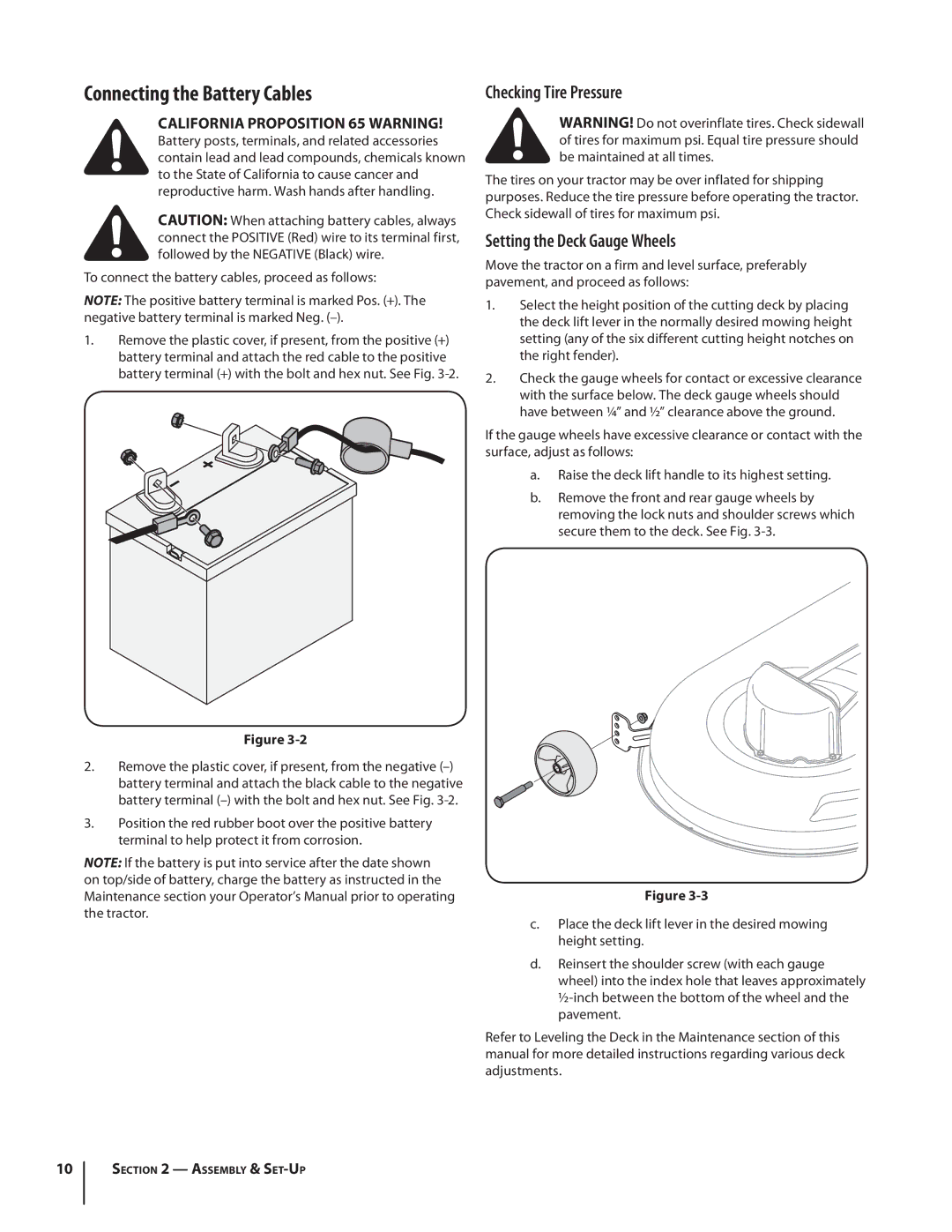 MTD 1742 warranty Connecting the Battery Cables, Checking Tire Pressure, Setting the Deck Gauge Wheels 