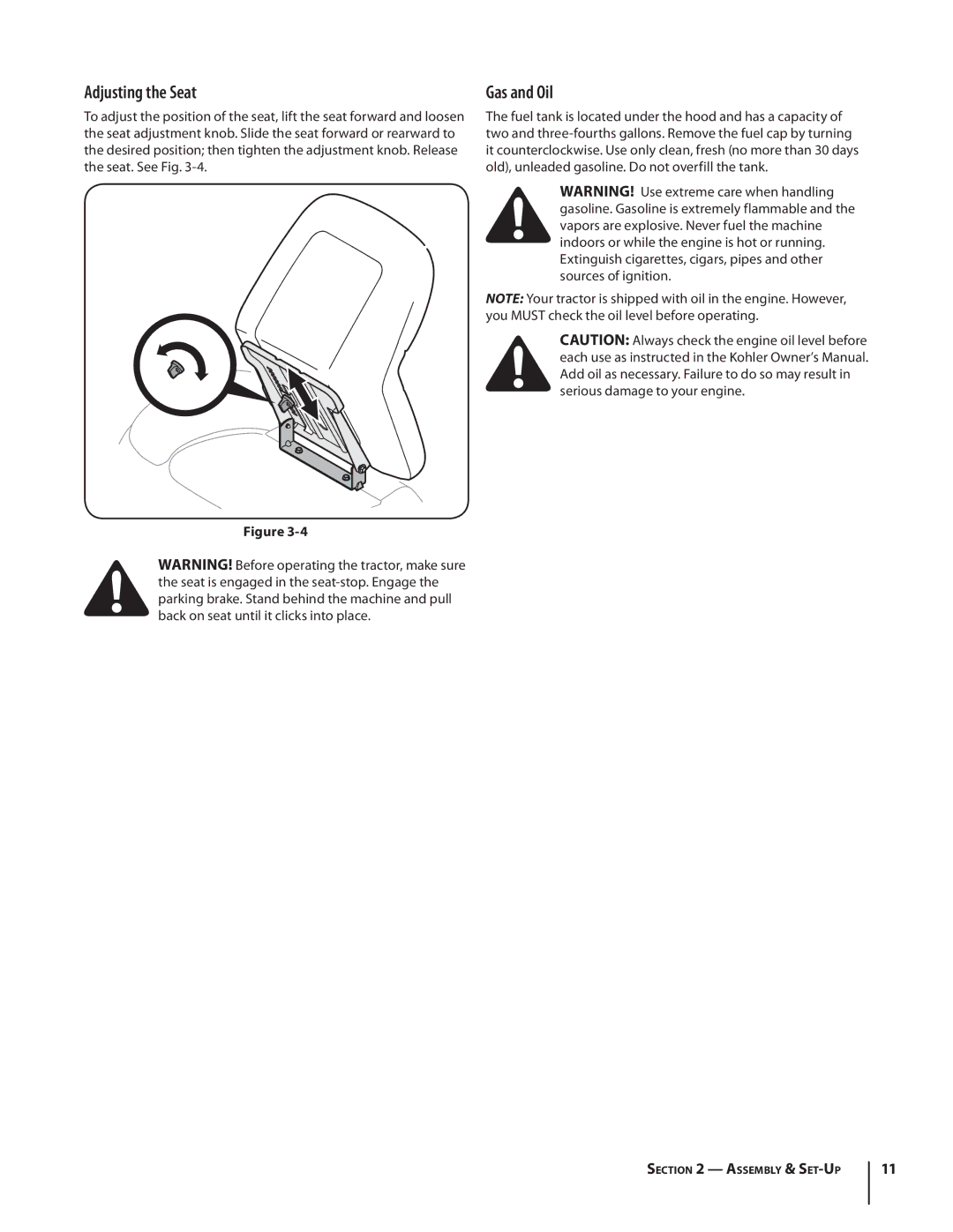 MTD 1742 warranty Adjusting the Seat, Gas and Oil 