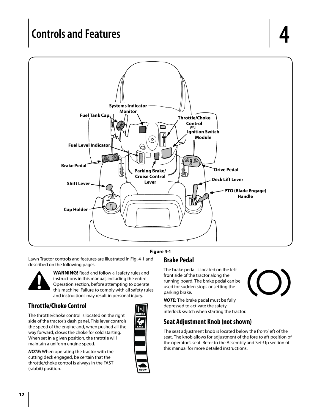 MTD 1742 warranty Controls and Features, Throttle/Choke Control, Brake Pedal, Seat Adjustment Knob not shown 