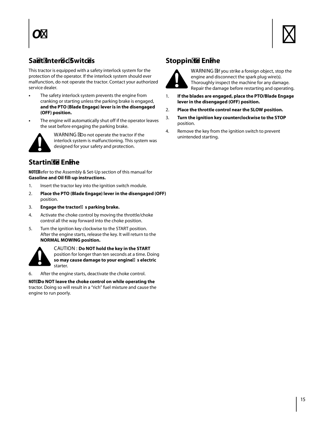 MTD 1742 warranty Operation, Safety Interlock Switches, Starting the Engine 