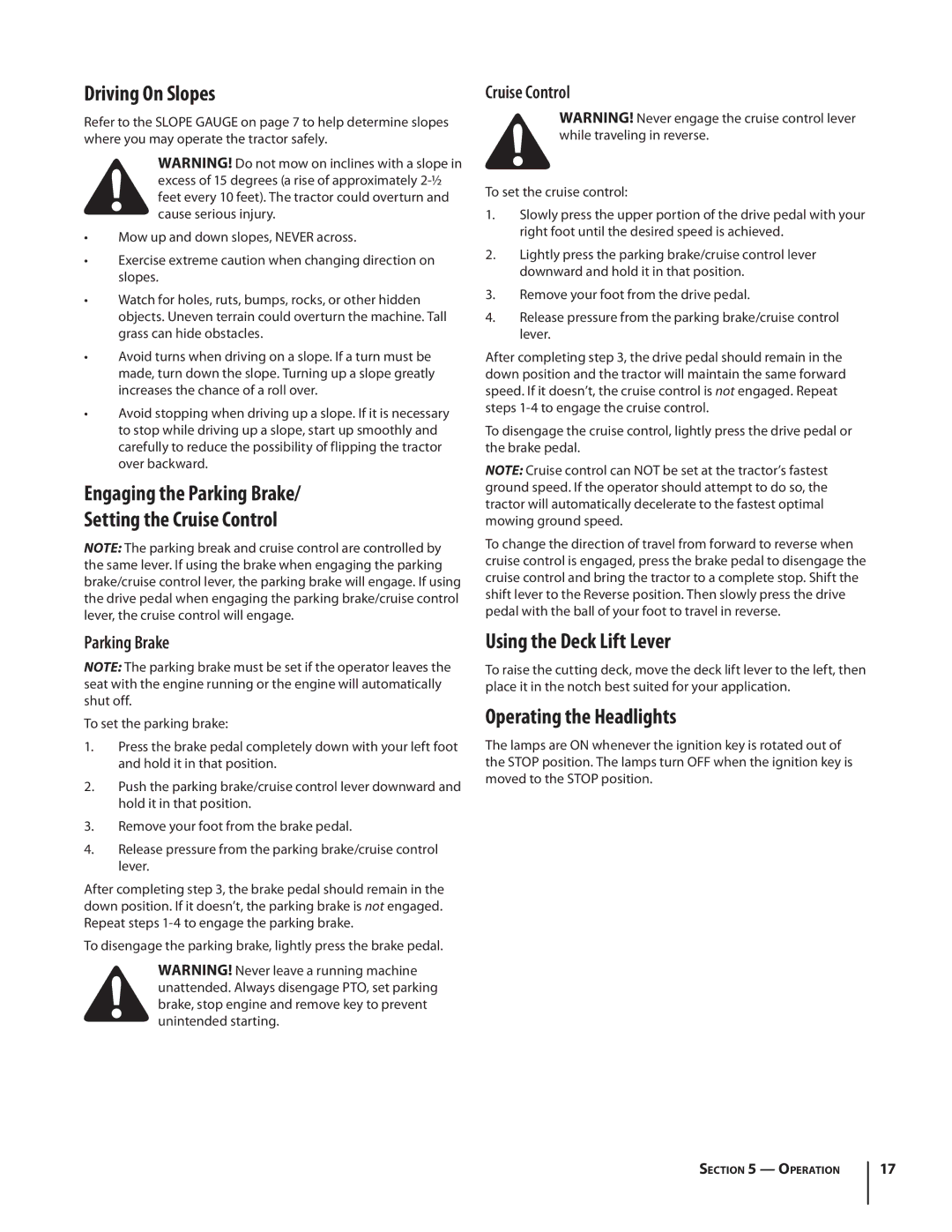 MTD 1742 warranty Driving On Slopes, Engaging the Parking Brake Setting the Cruise Control, Using the Deck Lift Lever 