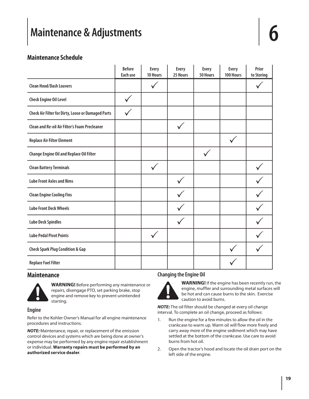 MTD 1742 warranty Maintenance & Adjustments, Maintenance Schedule, Changing the Engine Oil 