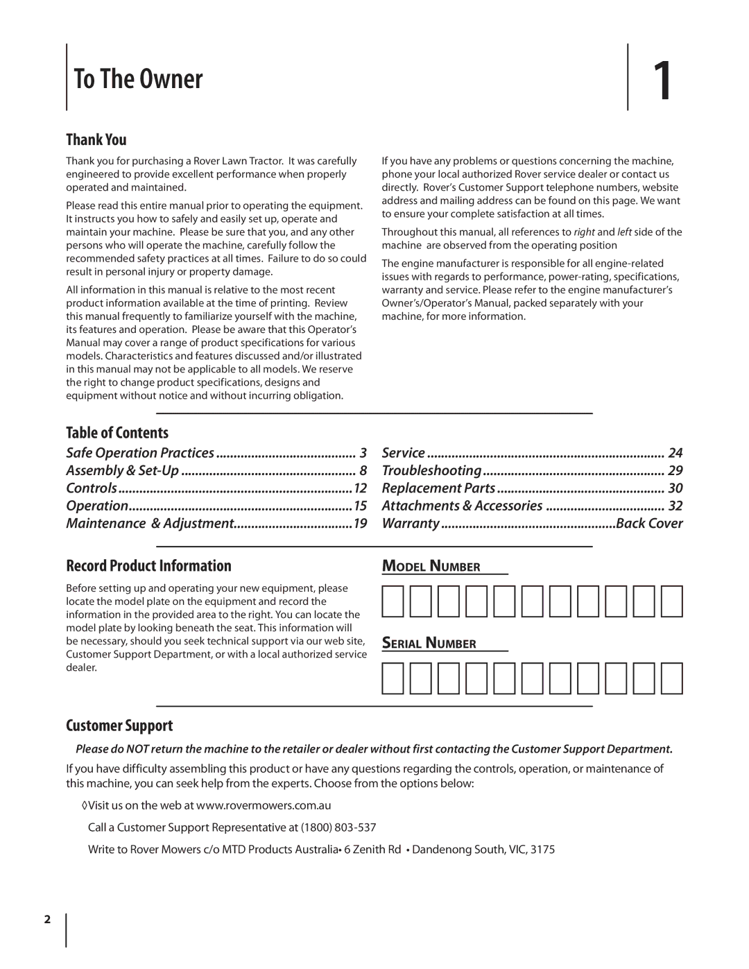 MTD 1742 warranty To The Owner, Thank You, Table of Contents, Record Product Information, Customer Support 