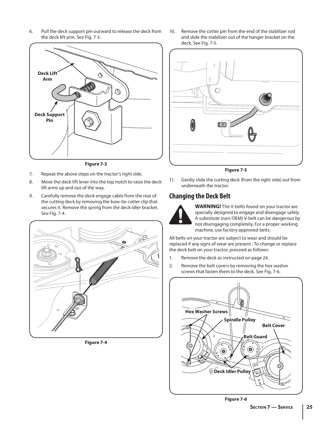 MTD 1742 warranty Changing the Deck Belt, Deck Lift Arm Deck Support Pin 