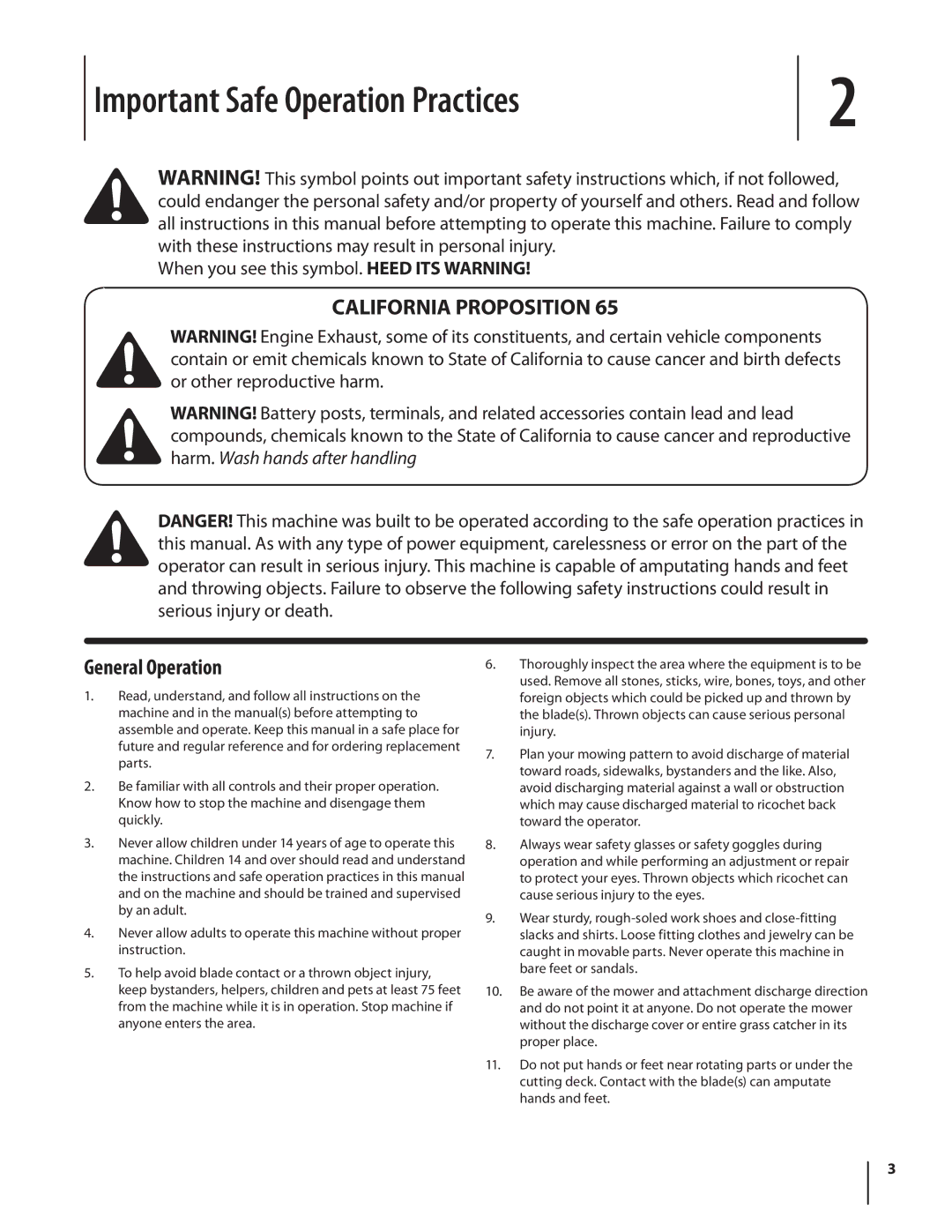 MTD 1742 warranty Important Safe Operation Practices, California Proposition General Operation 