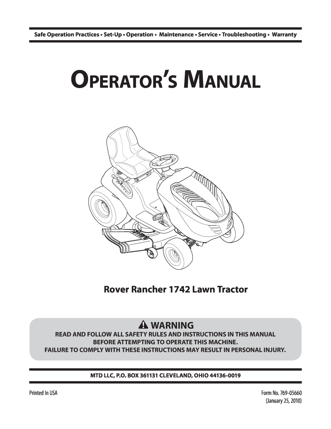 MTD 1742 warranty Read And Follow All Safety Rules And Instructions In This Manual, Operator’s Manual 