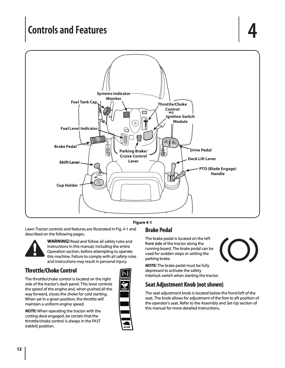 MTD 1742 warranty Controls and Features, Throttle/Choke Control, Brake Pedal, Seat Adjustment Knob not shown 