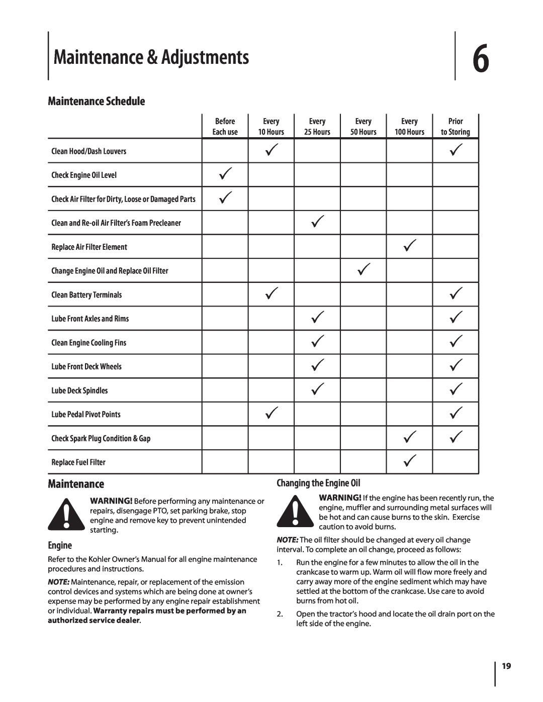 MTD 1742 warranty Maintenance & Adjustments, Maintenance Schedule 