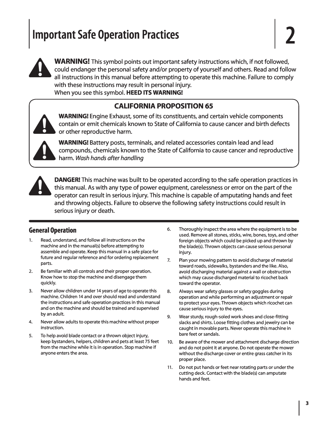MTD 1742 warranty Important Safe Operation Practices, California Proposition, General Operation 