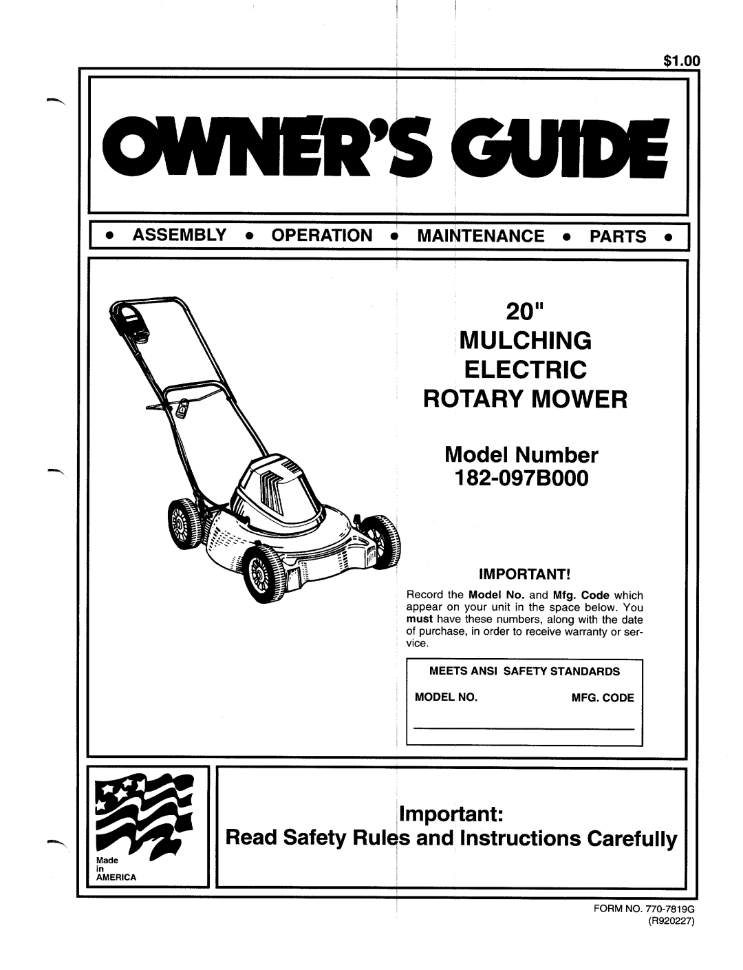 MTD 182-097B000 manual 