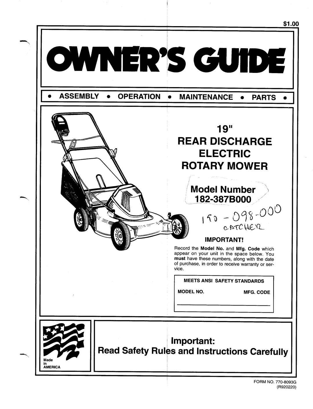 MTD 182-387B000 manual 