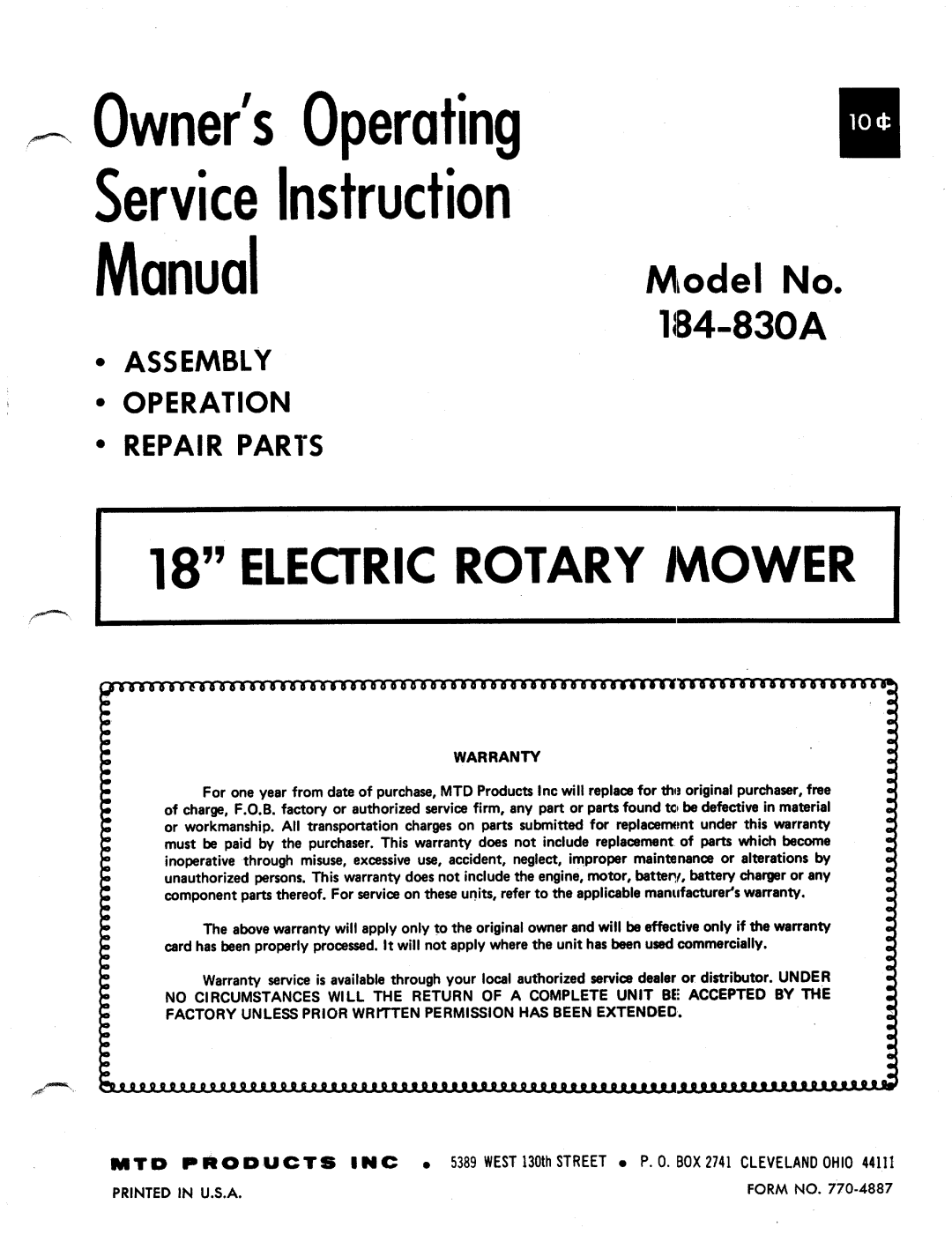 MTD 184-830A manual 