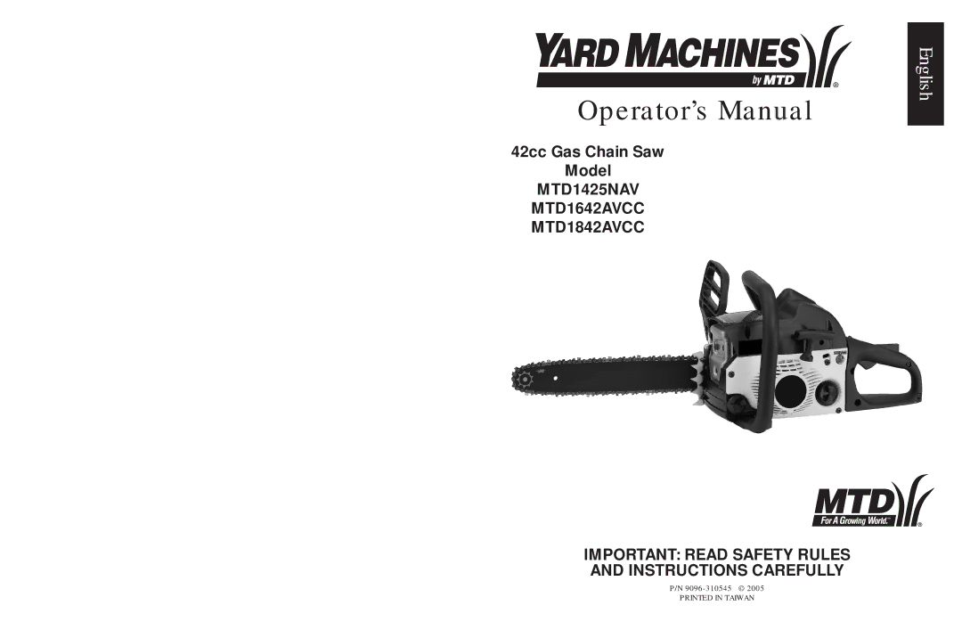 MTD 1642AVCC, 1842AVCC, 1425NAV manual Operator’s Manual, 42cc Gas Chain Saw Model 